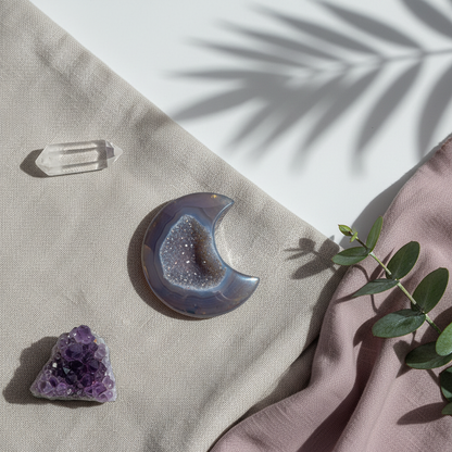 A rainbow agate druzy moon crystal displayed on layered linen fabric with a clear quartz point, amethyst cluster, and soft botanical shadow in natural light. — for Carpe Diem Dream