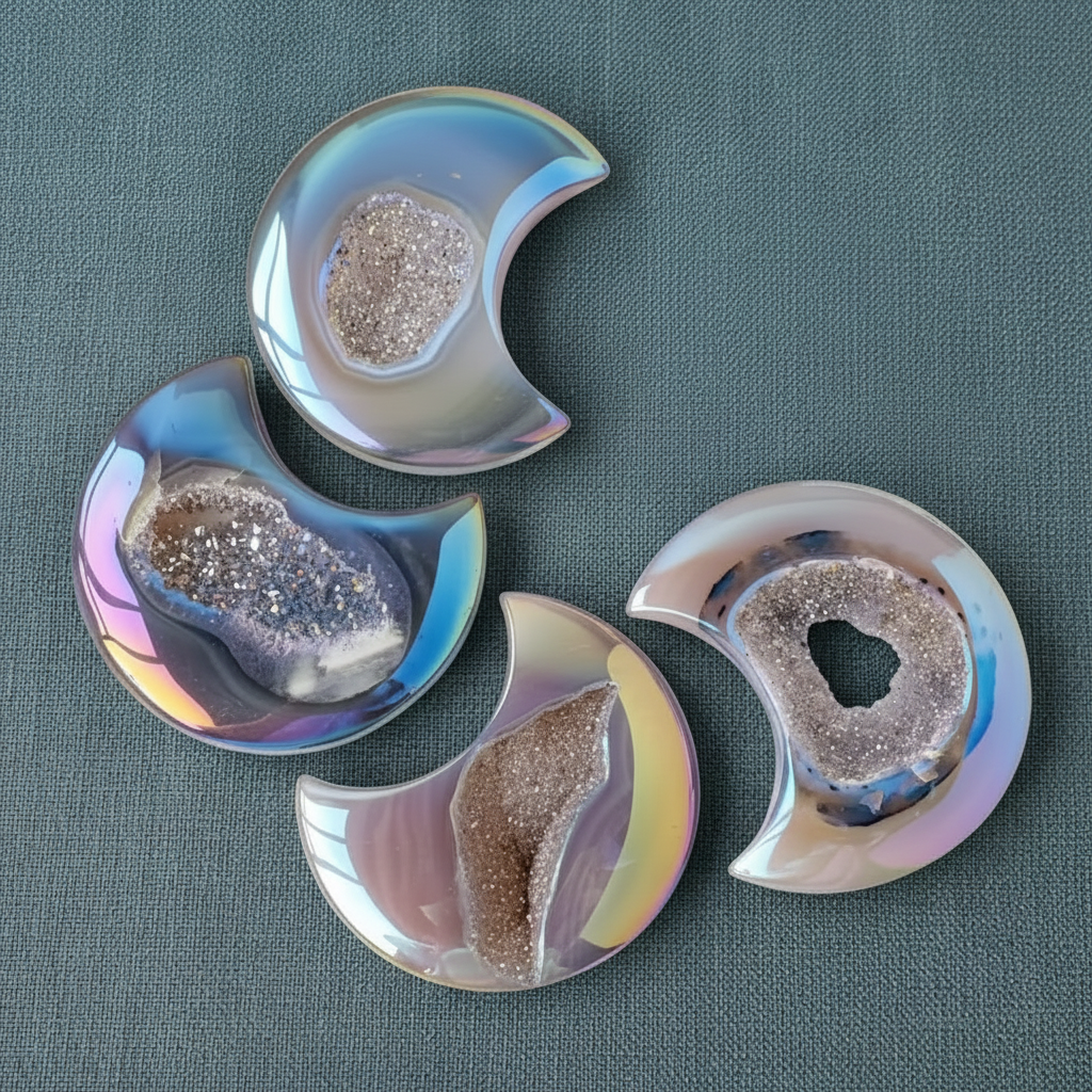 Multiple rainbow agate druzy moon crystals displayed on a teal linen surface, showing natural variations in color, shape, and druzy formations. — for Carpe Diem Dream