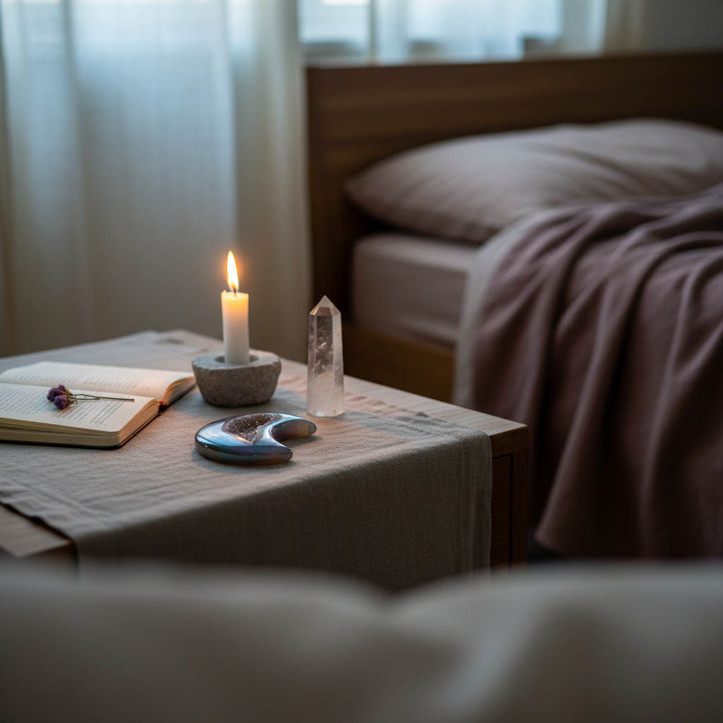 A rainbow agate druzy moon crystal styled on a bedside table with a candle, book, and clear quartz in a softly lit bedroom setting. — for Carpe Diem Dream