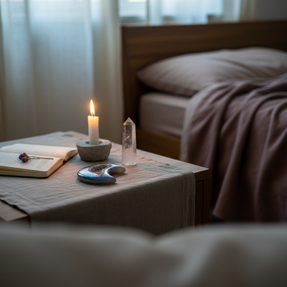 A rainbow agate druzy moon crystal styled on a bedside table with a candle, book, and clear quartz in a softly lit bedroom setting. — for Carpe Diem Dream