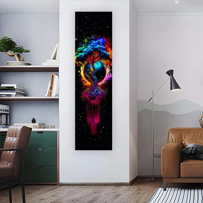 Rainbow tree banner tapestry with vibrant abstract colors displayed vertically on a living room wall beside a chair and shelving, showing full length and real placement in a modern interior space. — for Carpe Diem Dream