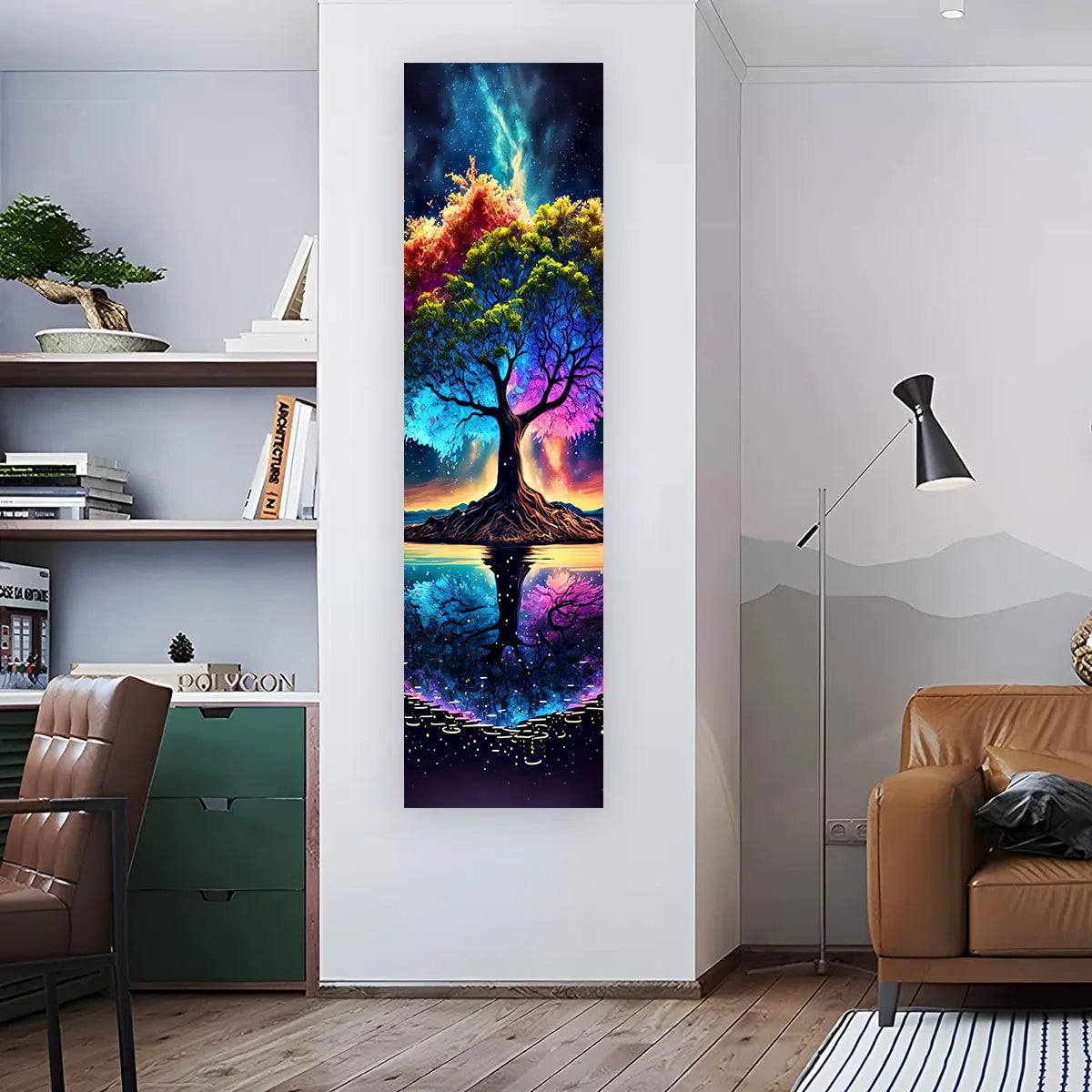 Rainbow tree reflection banner tapestry with vibrant colors displayed vertically on a living room wall beside a chair and shelving, showing full length and real placement in a modern interior space. — for Carpe Diem Dream