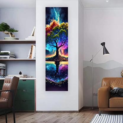 Rainbow tree reflection banner tapestry with vibrant colors displayed vertically on a living room wall beside a chair and shelving, showing full length and real placement in a modern interior space. — for Carpe Diem Dream