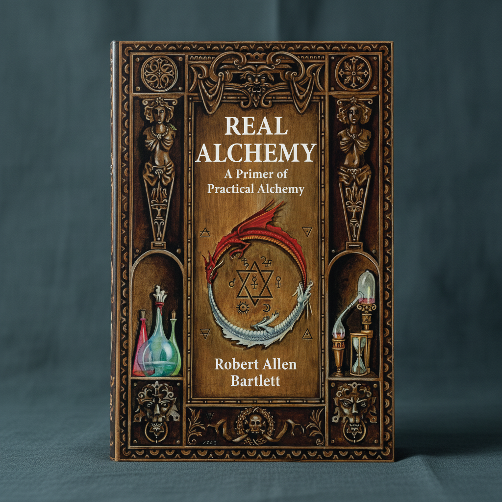 A close-up view of the paperback book Real Alchemy featuring ornate alchemical artwork displayed on a muted teal linen-textured background with soft editorial lighting. — for Carpe Diem Dream