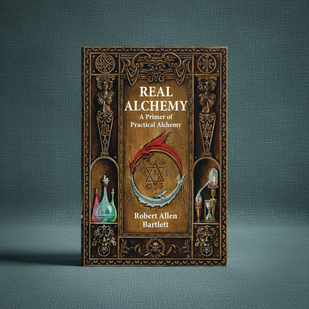 The paperback book Real Alchemy featuring ornate alchemical artwork displayed upright on a muted teal linen-textured background with soft editorial lighting. — for Carpe Diem Dream