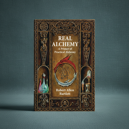 The paperback book Real Alchemy featuring ornate alchemical artwork displayed upright on a muted teal linen-textured background with soft editorial lighting. — for Carpe Diem Dream