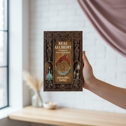A hand holding the paperback book Real Alchemy in soft natural window light with a calm neutral interior backdrop. — for Carpe Diem Dream