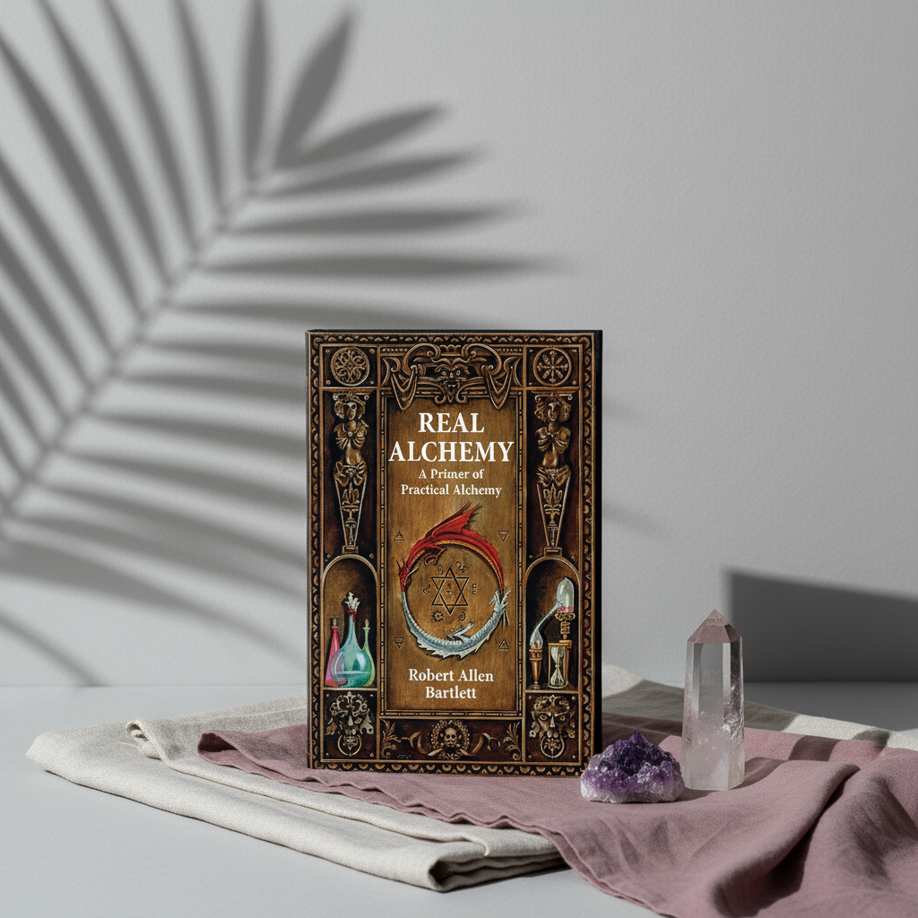 The paperback book Real Alchemy displayed beside clear quartz and amethyst crystals on layered mauve and linen fabric with botanical shadows and soft editorial lighting. — for Carpe Diem Dream