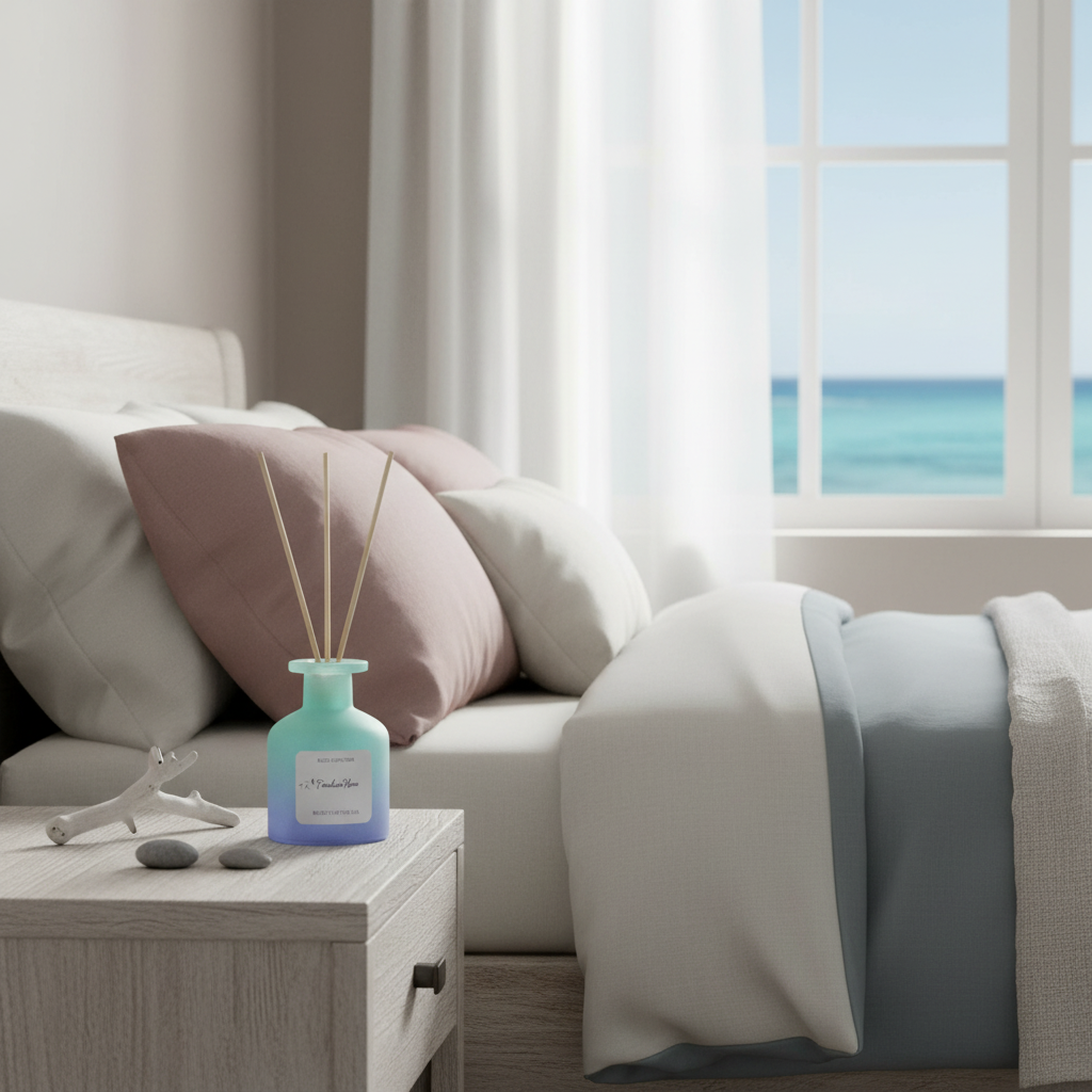 A frosted glass reed diffuser in a soft blue gradient bottle placed on a bedside table next to a bed with ocean view through a window and soft natural light. — for Carpe Diem Dream