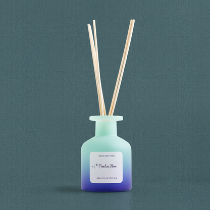 A frosted glass reed diffuser with natural reed sticks in a soft blue gradient bottle displayed on a muted teal textured background with soft natural light. — for Carpe Diem Dream