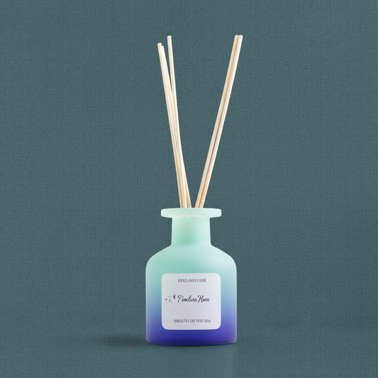 A frosted glass reed diffuser with natural reed sticks in a soft blue gradient bottle displayed on a muted teal textured background with soft natural light. — for Carpe Diem Dream