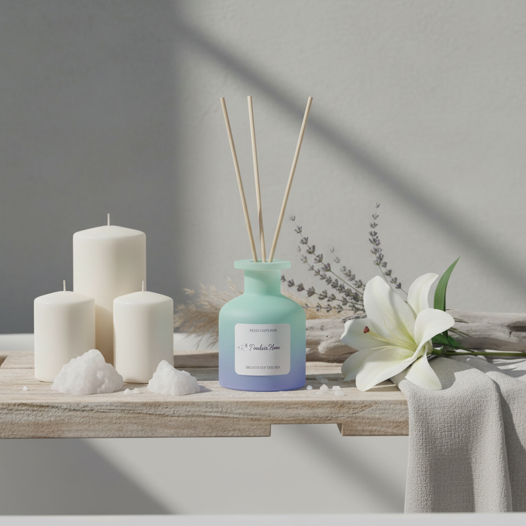 A frosted glass reed diffuser in a soft blue gradient bottle styled with white candles, a lily, and soft fabric on a wooden surface in warm natural light. — for Carpe Diem Dream