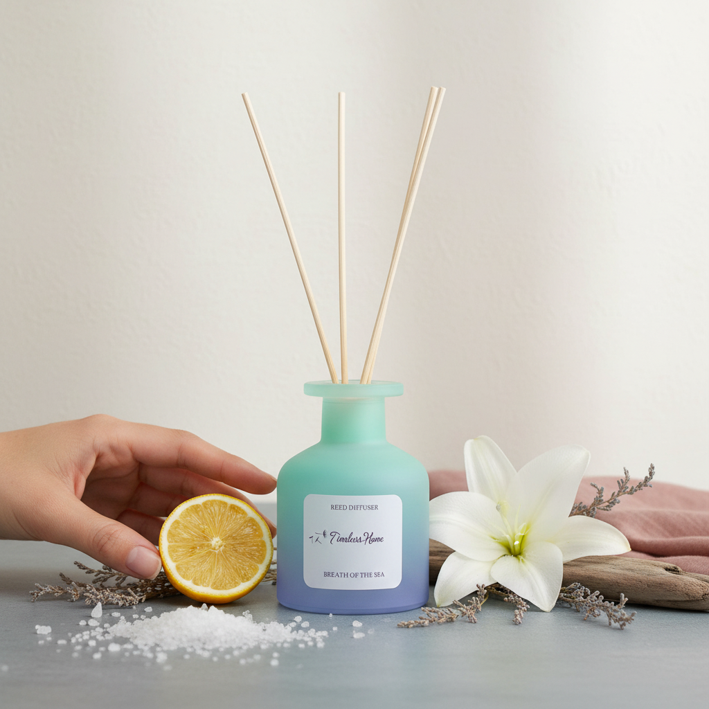 A frosted glass reed diffuser in a soft blue gradient bottle shown with a hand, lemon slice, white lily, and sea salt on a neutral surface for size reference in soft natural light. — for Carpe Diem Dream