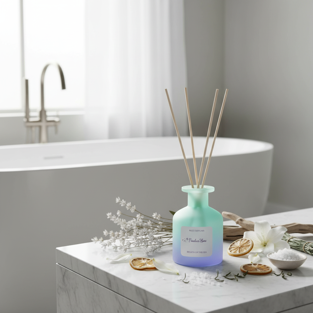 A frosted glass reed diffuser in a soft blue gradient bottle styled on a marble surface beside a bathtub with dried citrus slices, white flowers, and soft natural light. — for Carpe Diem Dream