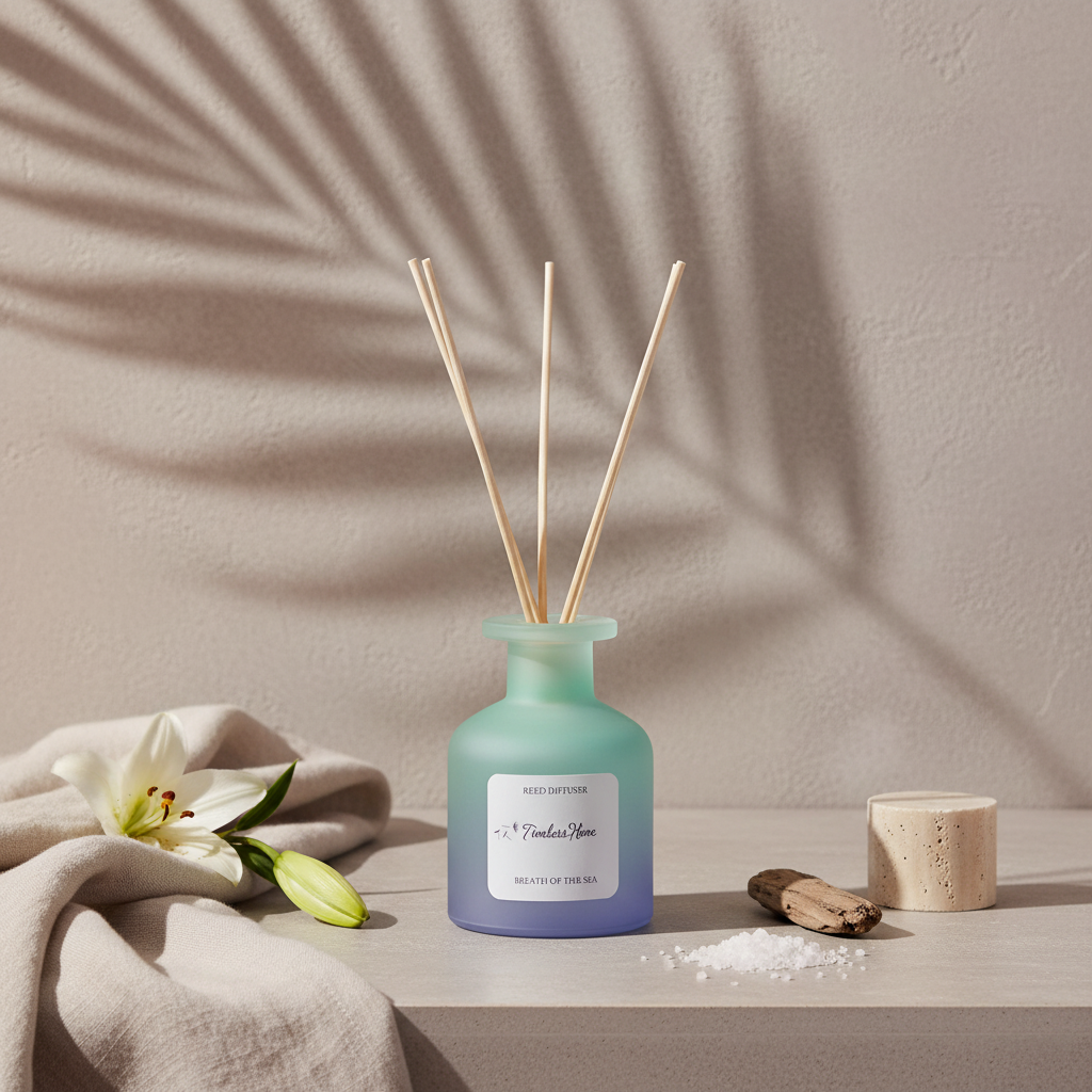 A frosted glass reed diffuser in a soft blue gradient bottle with natural reed sticks styled with a lily, folded fabric, and sea salt on a neutral textured surface with botanical shadows. — for Carpe Diem Dream