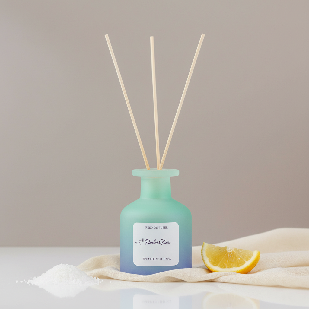 A frosted glass reed diffuser in a soft blue gradient bottle with natural reed sticks styled with a lemon slice, sea salt, and soft fabric on a neutral surface in soft natural light. — for Carpe Diem Dream