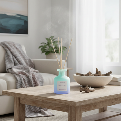 A frosted glass reed diffuser in a soft blue gradient bottle placed on a wooden coffee table beside a couch with a throw blanket, decorative bowl, and natural window light. — for Carpe Diem Dream