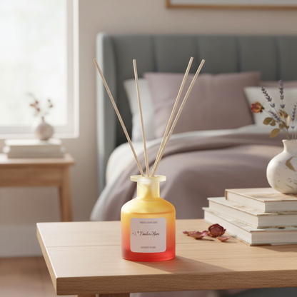 A frosted glass reed diffuser in a warm yellow to coral gradient bottle placed on a wooden bedside table with stacked books beside a bed in soft natural light. — for Carpe Diem Dream