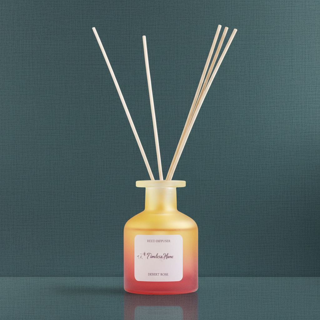 A frosted glass reed diffuser in a warm yellow to coral gradient bottle with natural reed sticks displayed on a muted teal textured background in soft natural light. — for Carpe Diem Dream