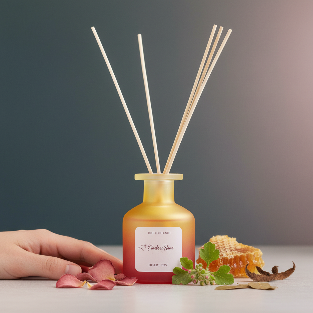 A frosted glass reed diffuser in a warm yellow to coral gradient bottle shown beside a hand with rose petals, honeycomb, and botanical elements for size reference on a clean surface. — for Carpe Diem Dream