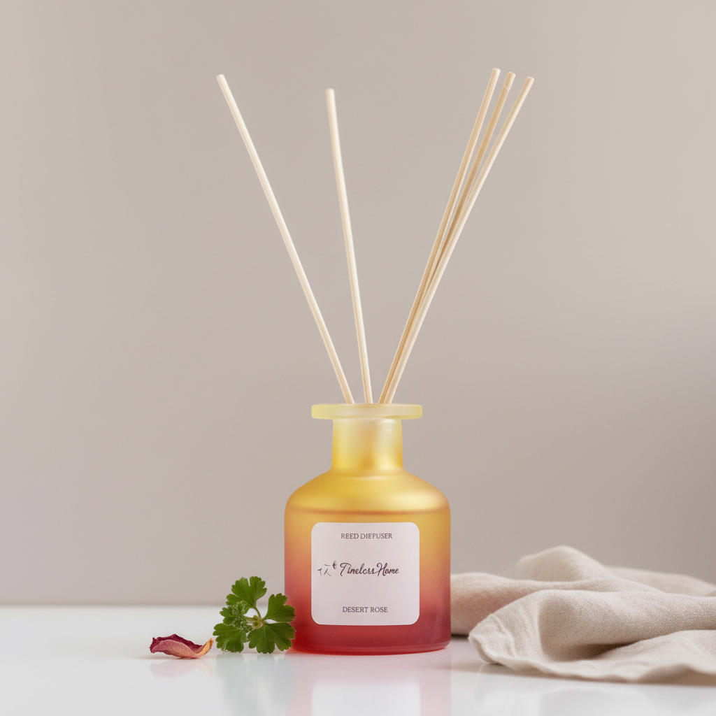 A frosted glass reed diffuser in a warm yellow to coral gradient bottle with natural reed sticks styled with soft fabric and minimal botanical accents on a clean neutral surface. — for Carpe Diem Dream