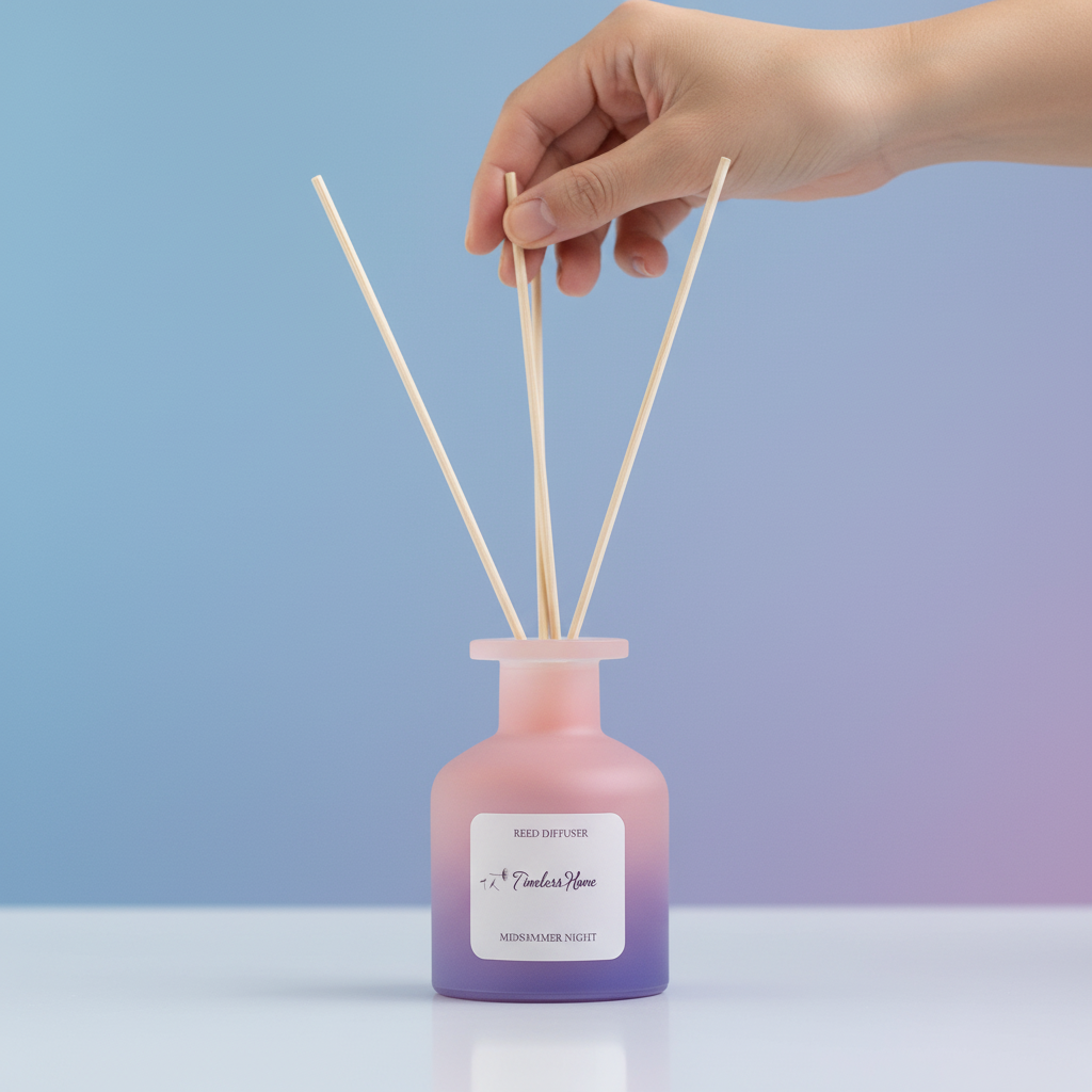 A hand placing natural reed sticks into a frosted glass reed diffuser in a pink to purple gradient on a clean surface against a soft blue background. — for Carpe Diem Dream