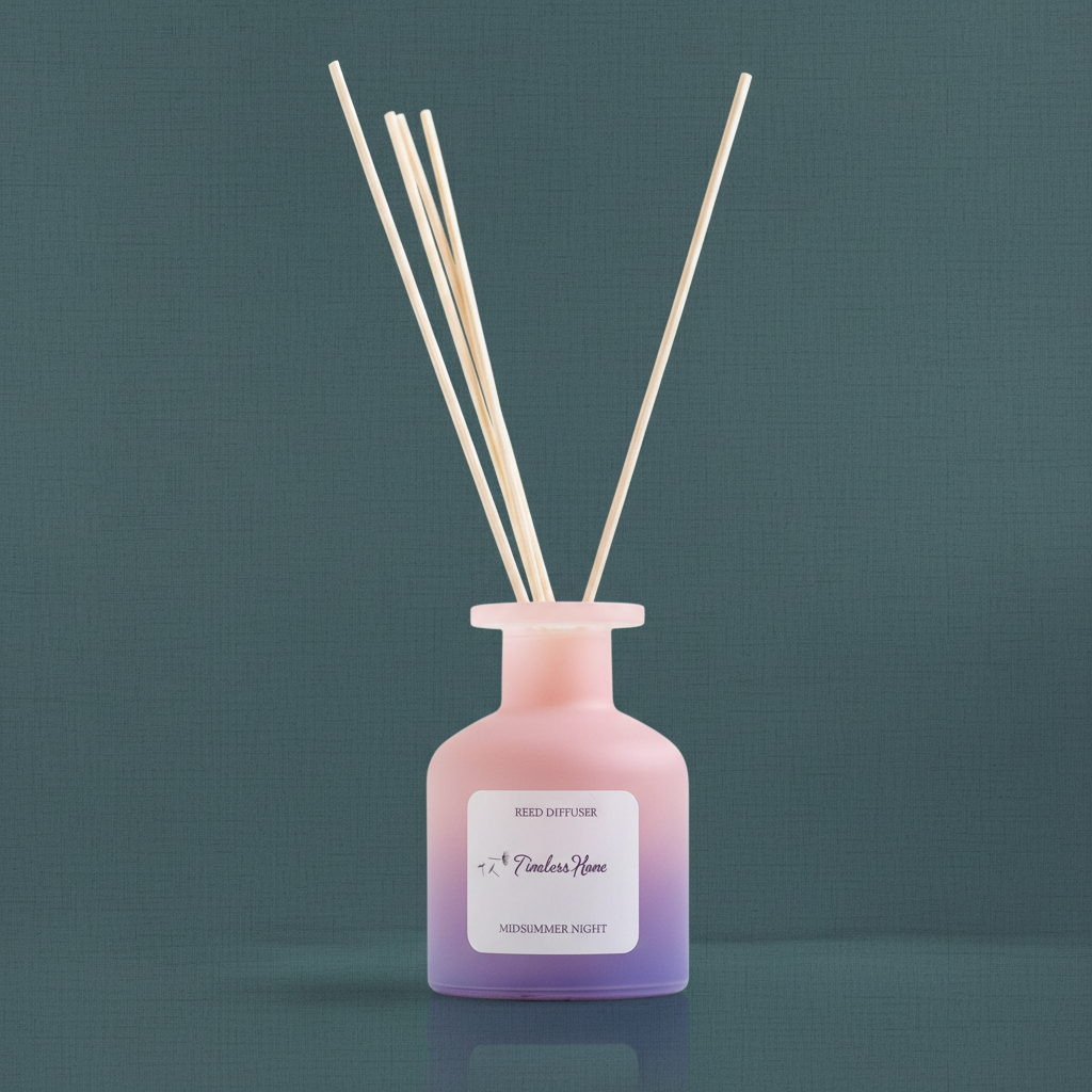 A frosted glass reed diffuser in a soft pink to purple gradient with natural reed sticks on a muted teal textured background in soft natural light. — for Carpe Diem Dream