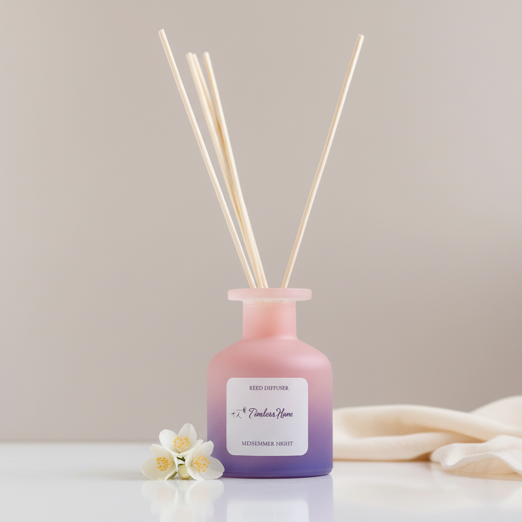 A frosted glass reed diffuser in a pink to purple gradient with natural reed sticks styled on a soft neutral surface with minimal decor and gentle lighting. — for Carpe Diem Dream