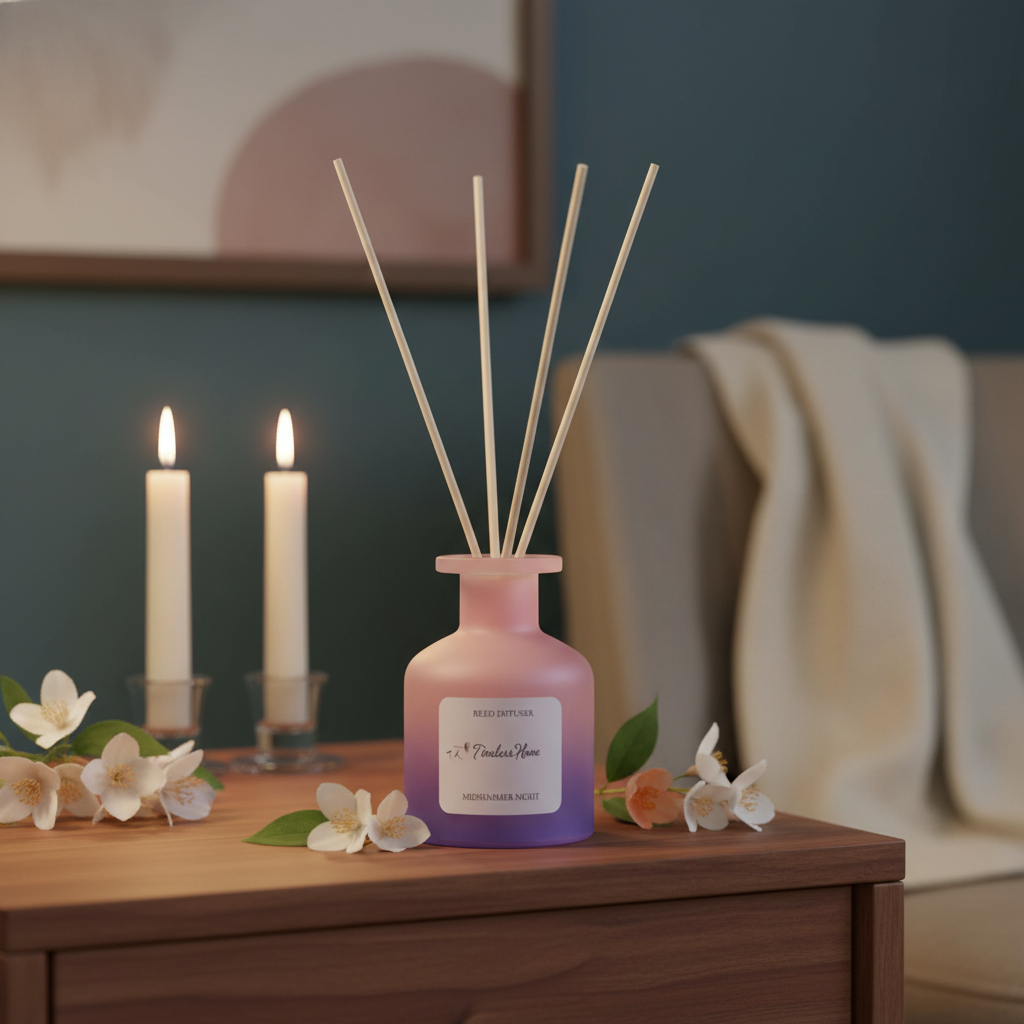 A frosted glass reed diffuser in a pink to purple gradient placed on a wooden table beside lit candles and white flowers in a cozy evening setting with soft ambient lighting. — for Carpe Diem Dream