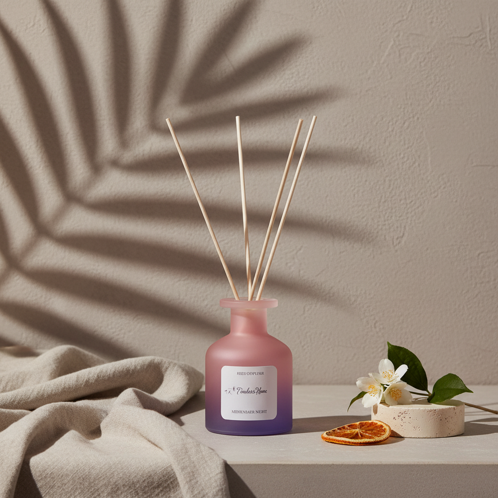 A frosted glass reed diffuser in a pink to purple gradient with natural reed sticks styled with citrus slices, white flowers, and soft fabric under botanical shadows on a textured neutral surface. — for Carpe Diem Dreamv