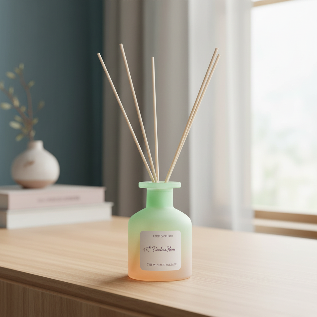 A frosted glass reed diffuser placed on a wooden surface near a window with soft natural light and minimal decor in the background. — for Carpe Diem Dream