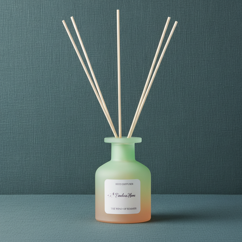 A frosted glass reed diffuser with natural reed sticks on a muted teal textured surface with soft natural light. — for Carpe Diem Dream