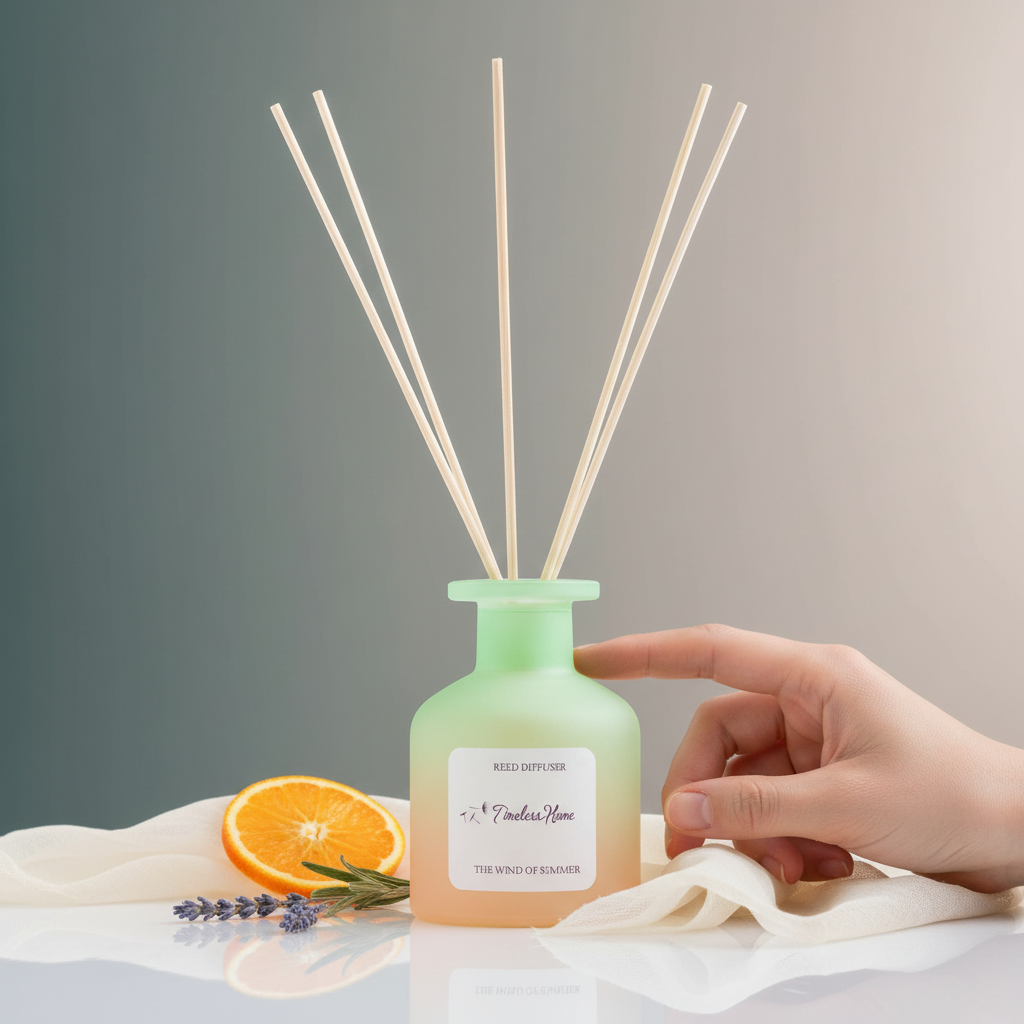 A frosted glass reed diffuser shown beside a hand for size reference with citrus and botanical accents on a soft neutral surface. — for Carpe Diem Dream
