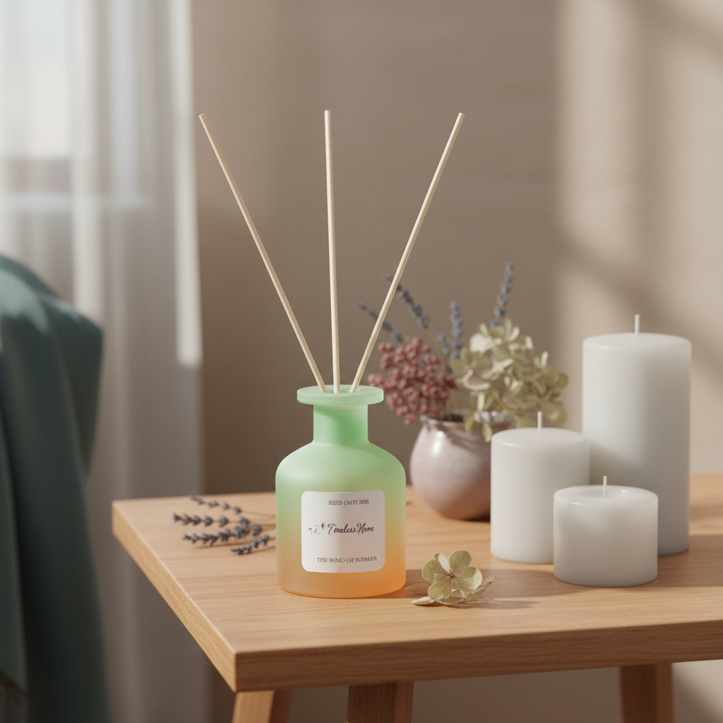 A frosted glass reed diffuser placed on a wooden table surrounded by candles and soft botanical accents in warm natural light. — for Carpe Diem Dream