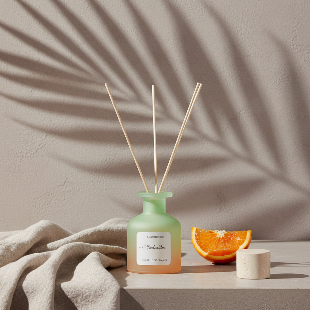 A frosted glass reed diffuser styled with a sliced orange, soft fabric, and botanical shadows on a neutral textured surface in warm natural light. — for Carpe Diem Dream