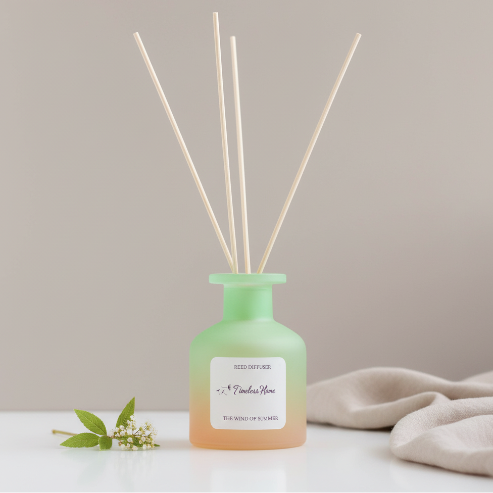 A frosted glass reed diffuser with natural reeds placed on a soft neutral surface with minimal botanical accents and gentle natural lighting. — for Carpe Diem Dream