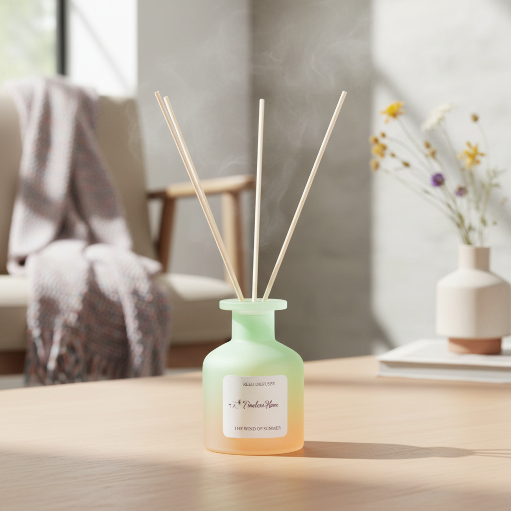 A frosted glass reed diffuser placed on a wooden table in a softly lit living space with natural decor and warm sunlight. — for Carpe Diem Dream