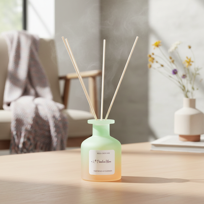 A frosted glass reed diffuser placed on a wooden table in a softly lit living space with natural decor and warm sunlight. — for Carpe Diem Dream