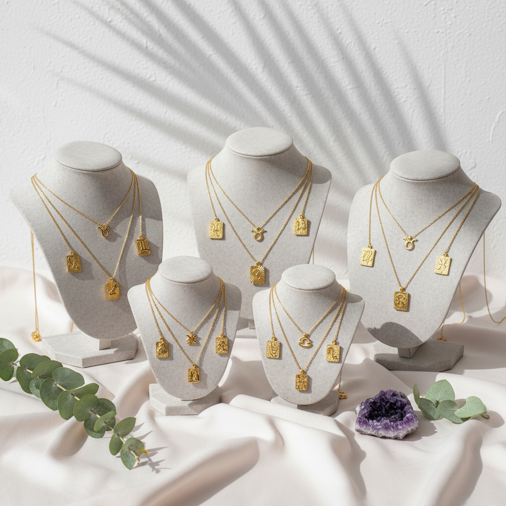 Reversible gold zodiac necklaces with constellation pendant, showing both polished and engraved sides on botanical pink silk with amethyst background.