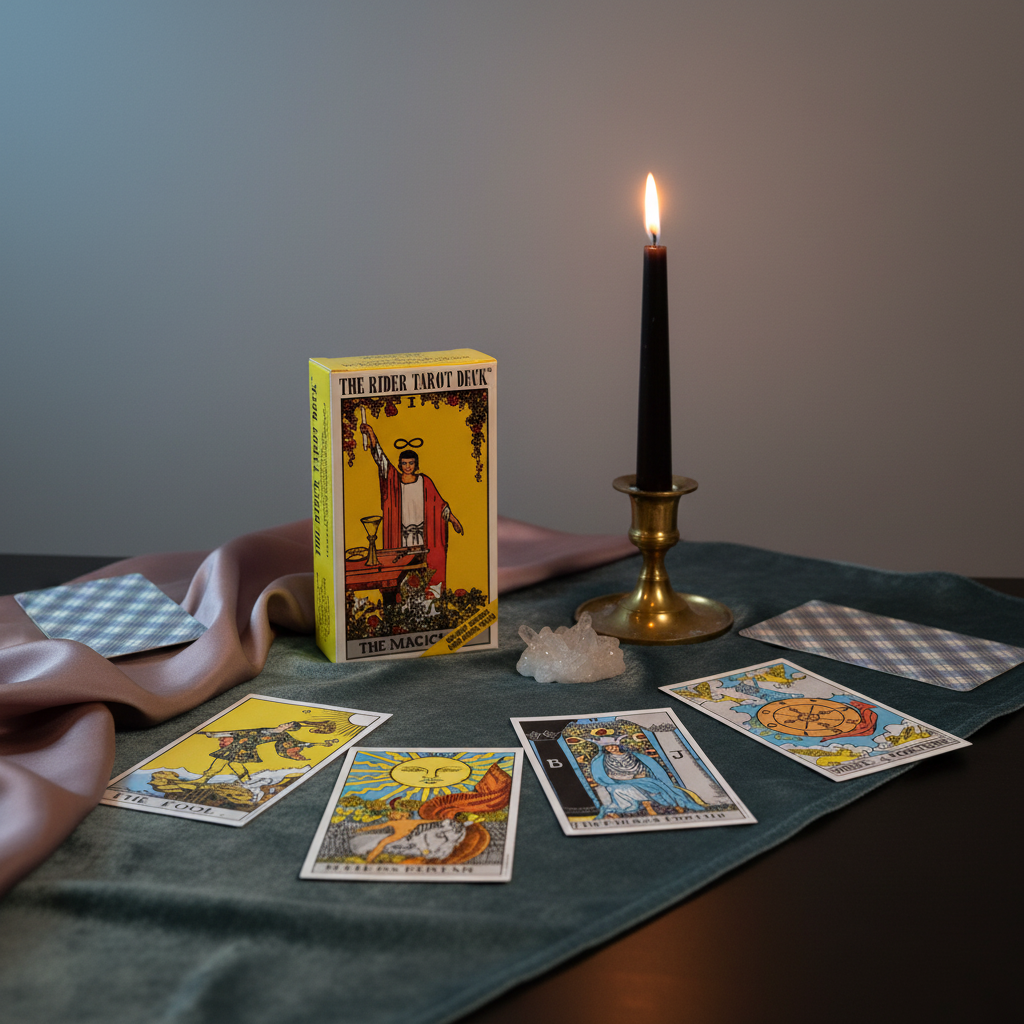 Rider Waite tarot card deck surrounded by a spread of tarot cards with a lit candle and crystals arranged in a softly lit ritual setting. — for Carpe Diem Dream