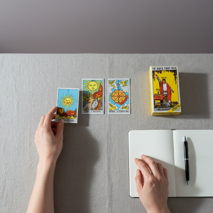 Rider Waite tarot cards laid out beside the deck box with a notebook and pen as a hand selects a card during a reading. — for Carpe Diem Dream
