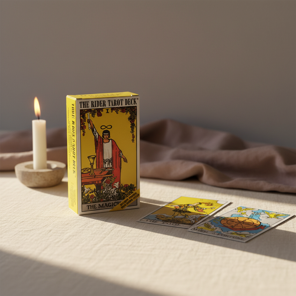 Rider Waite tarot card deck displayed on a linen-covered table with a lit candle and tarot cards laid out in a calm, softly lit setting. — for Carpe Diem Dream