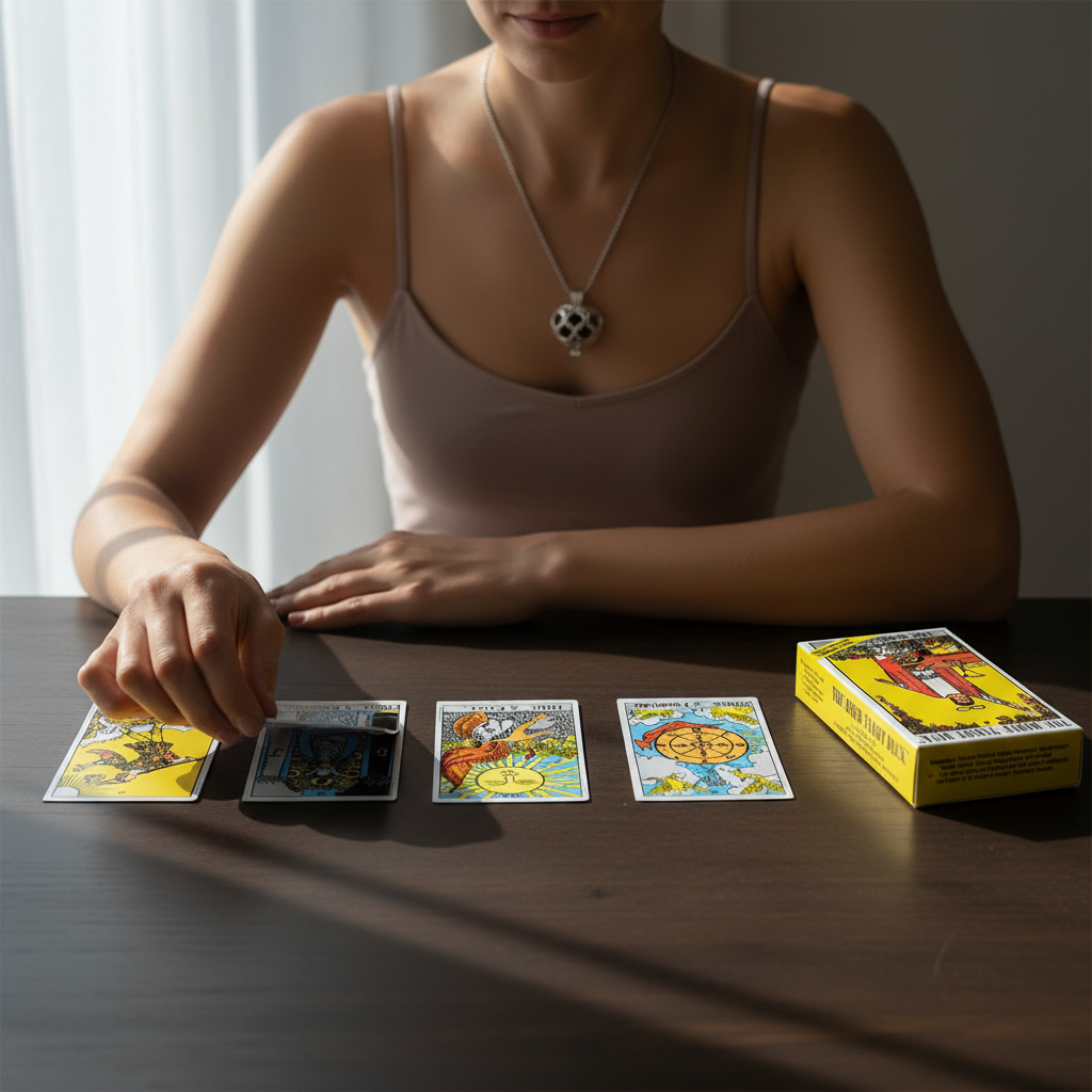 Person performing a tarot reading with Rider Waite tarot cards laid out on a table beside the deck box in a calm, focused setting. — for Carpe Diem Dream