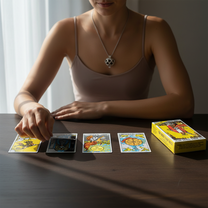 Person performing a tarot reading with Rider Waite tarot cards laid out on a table beside the deck box in a calm, focused setting. — for Carpe Diem Dream