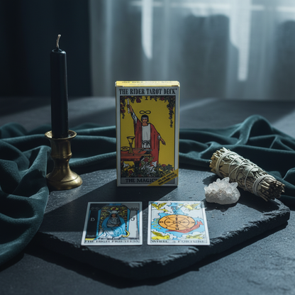 Rider Waite tarot card deck displayed on a stone tray with tarot cards, a lit candle, sage bundle, and crystal in a serene ritual setting. — for Carpe Diem Dream