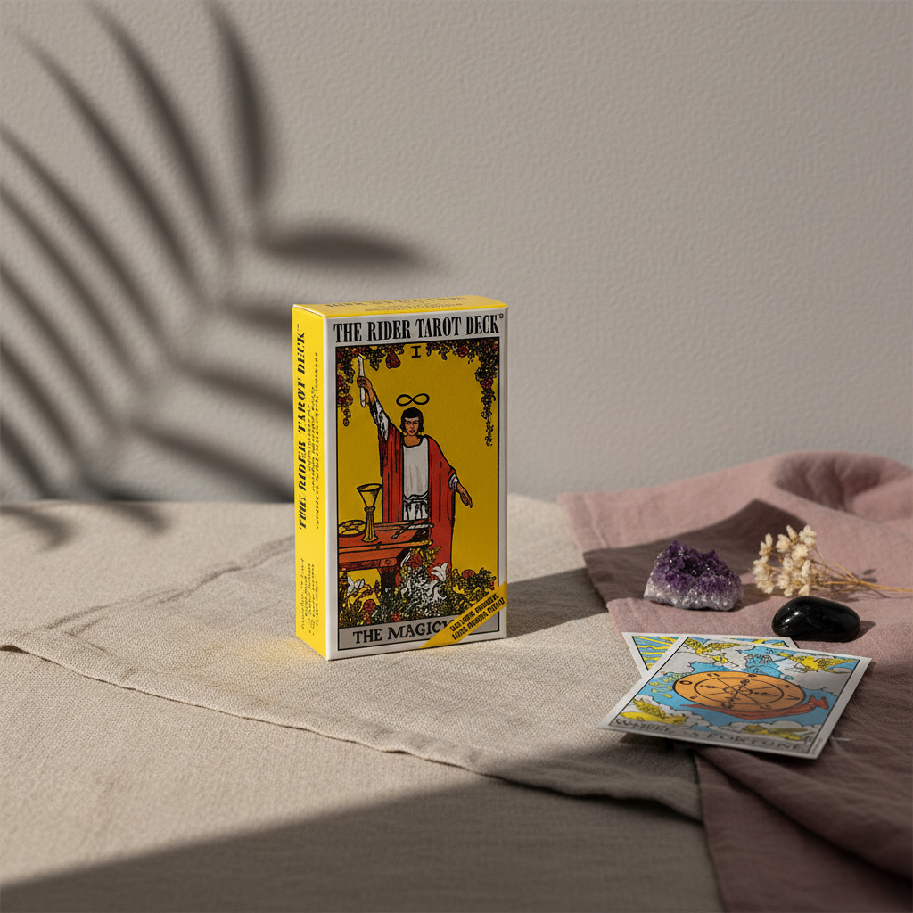 Rider Waite tarot card deck box displayed on soft linen fabric with tarot cards, crystals, and botanical shadow against a neutral textured wall. — for Carpe Diem Dream
