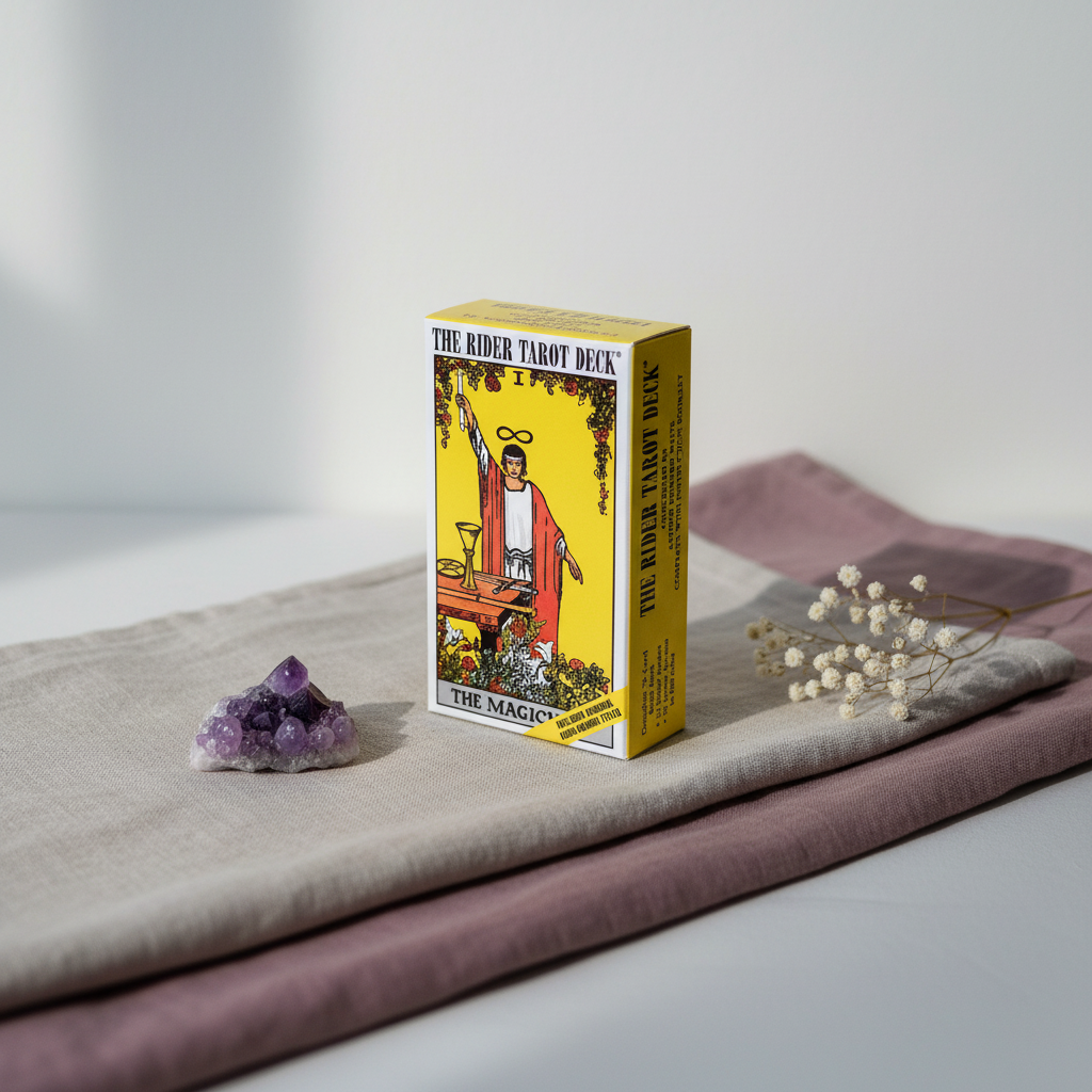 Rider Waite tarot card deck box displayed on layered linen fabric with a small amethyst cluster and soft neutral studio lighting. — for Carpe Diem Dream