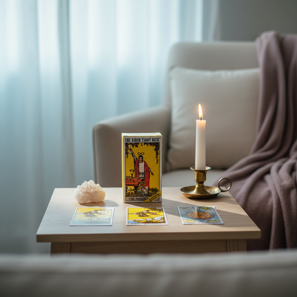 Rider Waite tarot card deck displayed on a small table with tarot cards, a lit candle, and crystal beside a cozy chair in a calm home setting. — for Carpe Diem Dream