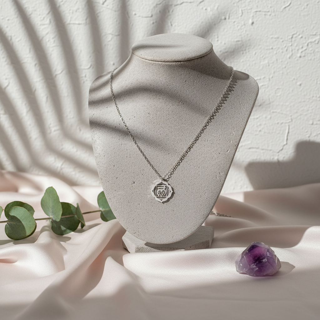 Root Chakra Coin Necklace displayed on white jewelry bust with pink silk, eucalyptus, and amethyst – for Carpe Diem Dream
