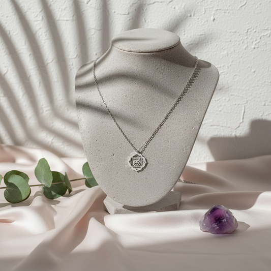 Root Chakra Coin Necklace displayed on white jewelry bust with pink silk, eucalyptus, and amethyst – for Carpe Diem Dream